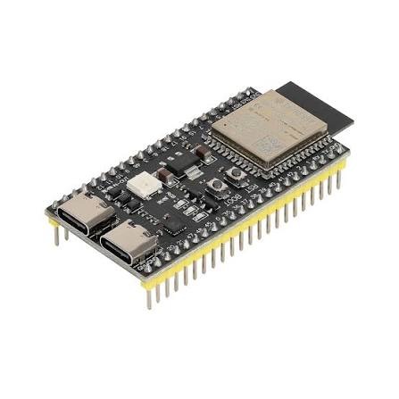 ESP32-S3 development board with dual USB-C connectors, yellow header pins and integrated Wi-Fi antenna — the main control unit for the RoboSumo robot.