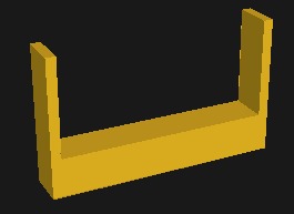 Isometric render of a small yellow 3D-printed U-shaped bracket used to clamp a BTS7960 motor driver to the RoboSumo chassis.