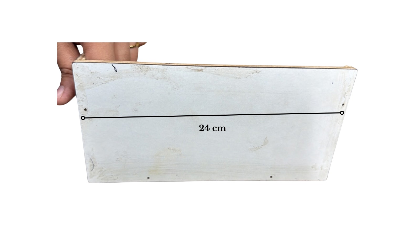 Bottom-plate view of the RoboSumo chassis, 24 cm wide, showing motor-mount screw holes.
