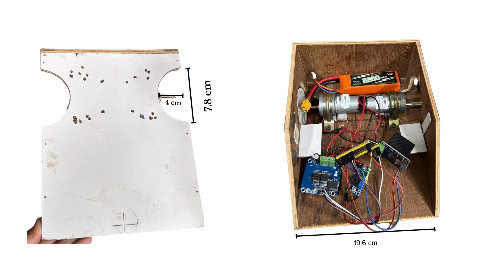 Two-panel image: on the left, the chassis top plate showing the 7.8 cm wheel cutouts and 4 cm motor mount; on the right, the completed internal wiring with BTS7960 modules, ESP32 and 3S LiPo battery.