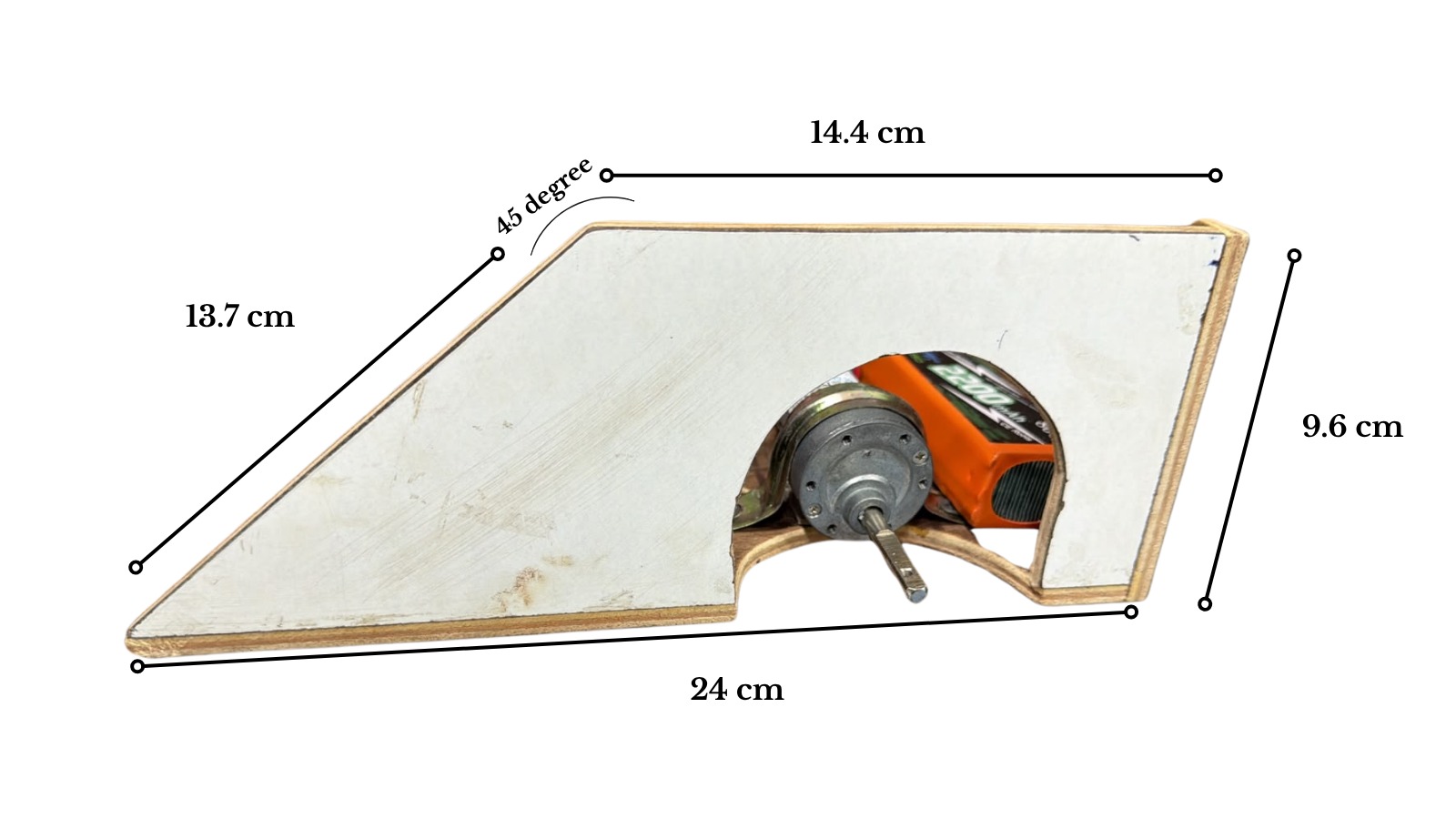 Side view of a wooden RoboSumo chassis showing the 45° front slope, 13.7 cm sloped edge, 24 cm length and internal 3S LiPo battery + motor mount pocket.
