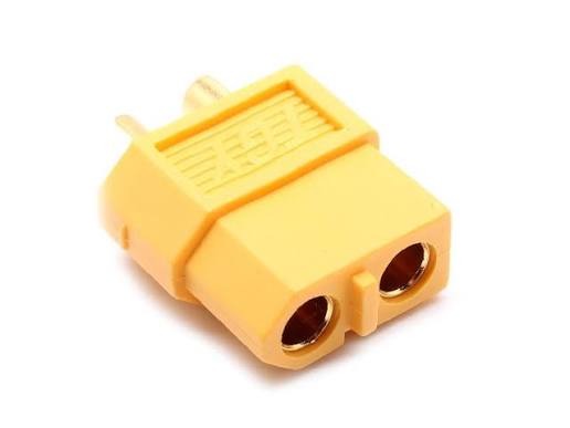 Yellow female XT60 connector — the industry-standard high-current battery plug used to connect a 3S LiPo to the RoboSumo power rail.