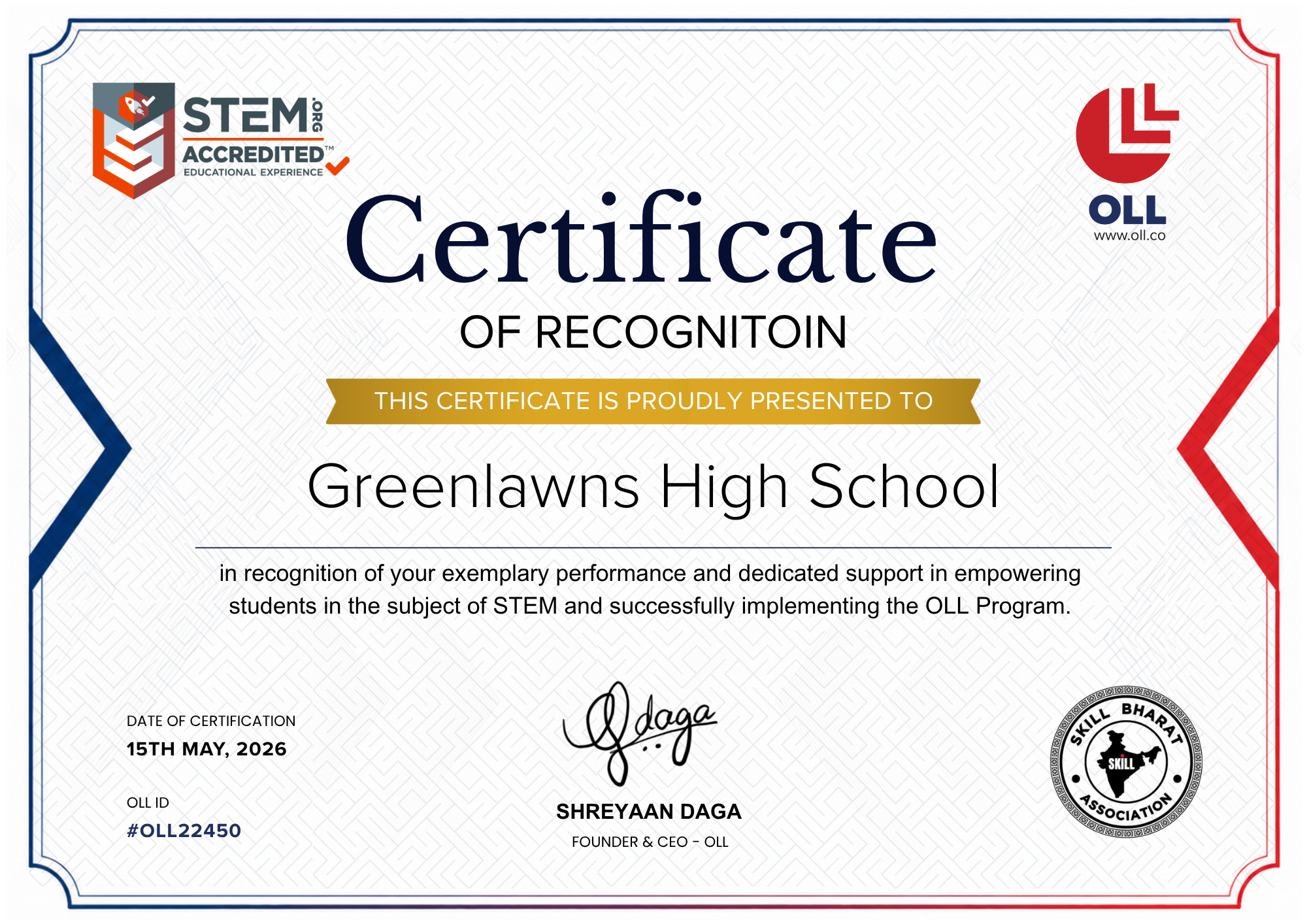 OLL Certificate of Recognition — STEM.org Accredited